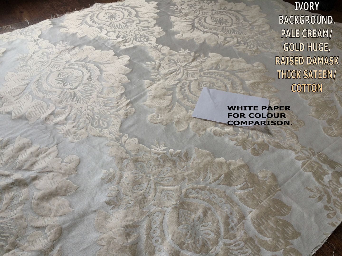  photo 2 PIECES IVORY CREAM GOLD HUGE DAMASK COTTON SATEEN THICK HEAVY WITH TEXT 21_zpslrwsgg14.jpg