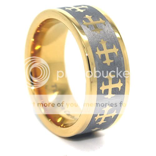 8mm Tungsten Carbide Ring 18K Gold Plated Gothic Cross Wedding Band