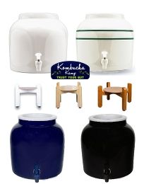 The Kombucha Mamma Modern Porcelain Continuous Brew Kombucha System features a fine-finish wood stand and a 2.5 gallon porcelain brewer