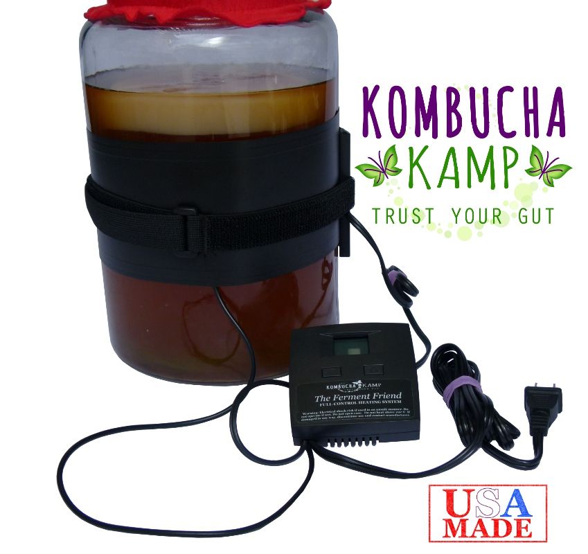 The Kombucha Mamma Ferment Friend Heating System from Kombucha Kamp installed on a Kombucha brewing jar with fully adjus