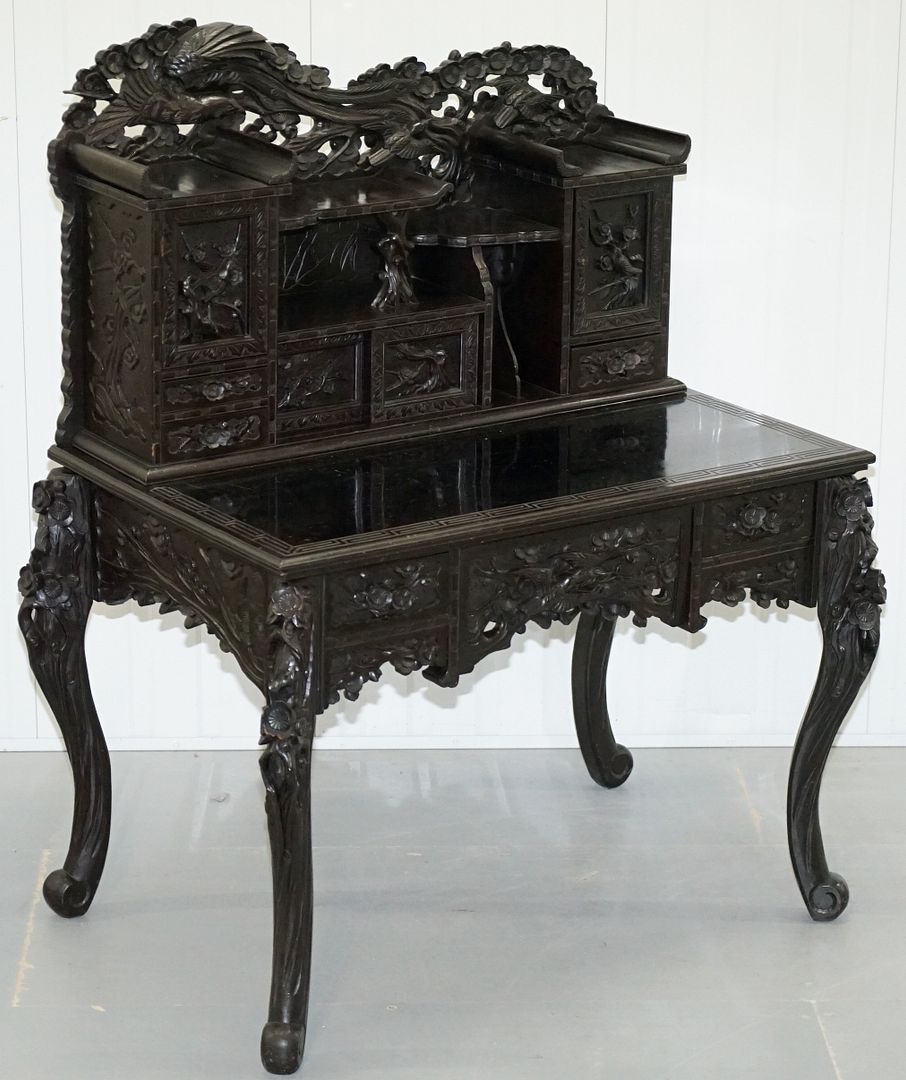 Details About Rare Circa 1880 Japanese Hand Carved Writing Desk Ebonised Black Lacquer Chinese