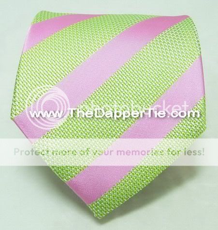 Mens Striped Pink & Green 100% Neck Silk Tie Set 73F  